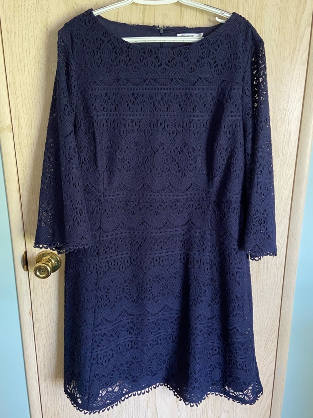 Chicos Occasion Dress Navy Blue Lace Overlay Fit & Flare 3/4 Sleeve Size 3.5 NWT